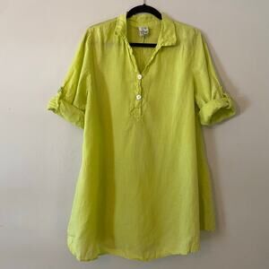 Match Point Chartreuse Green Linen Popover Tunic Mini Dress Minimalist Small